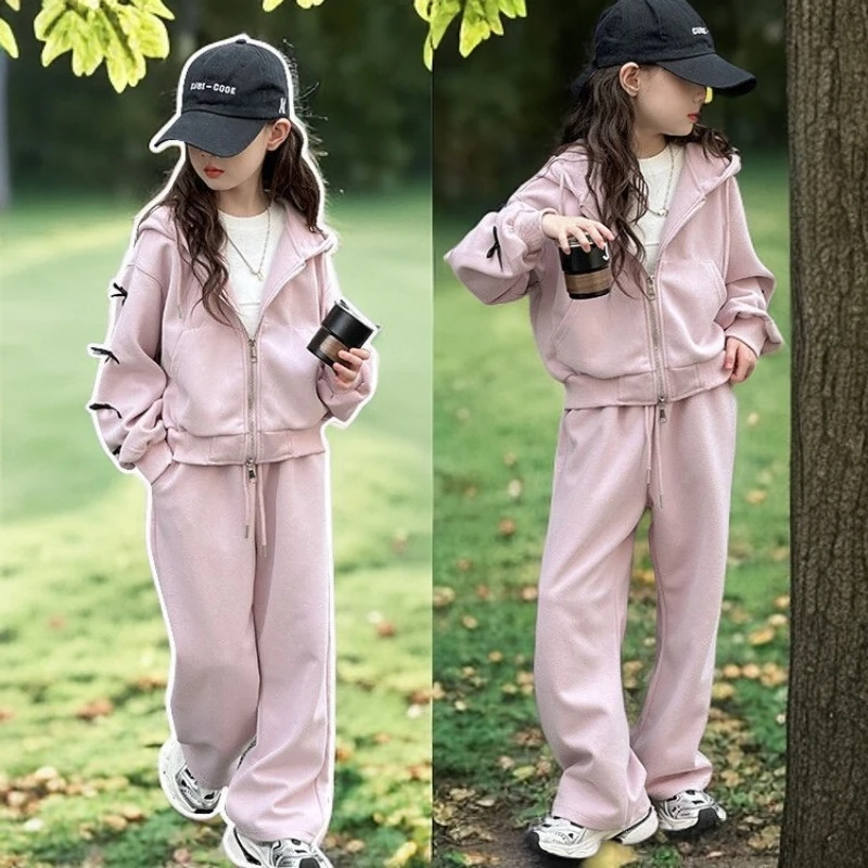 女童韩版蝴蝶结运动服套装中大童春秋新款洋气12一岁宝宝运动套装