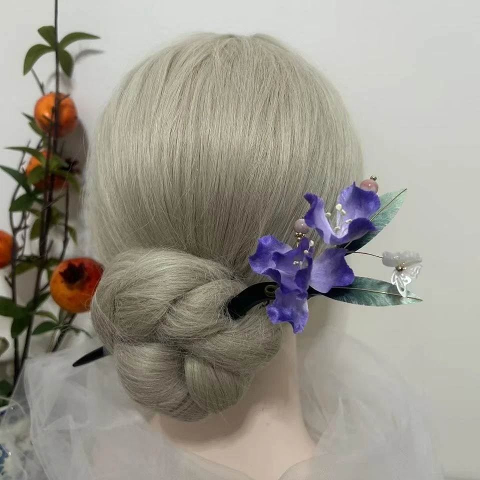 小青梅绒花发簪~手工紫色气质簪子