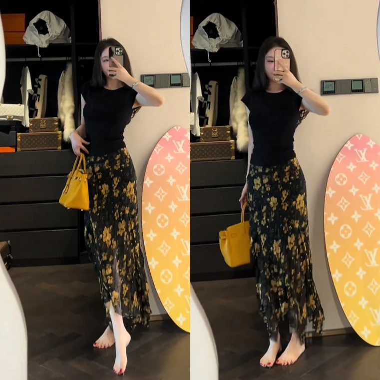 休闲风时尚套装套装裙子印花显瘦高腰中长款百搭春夏网红休闲