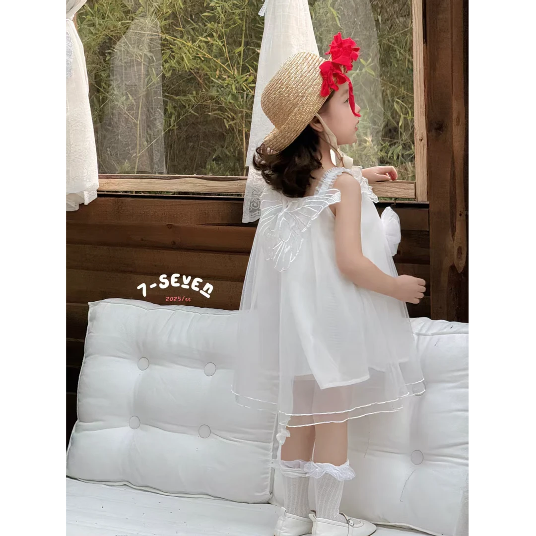 7＋25夏款白色蝴蝶花朵纱裙女童洋气蕾丝纯色连衣裙生日节日穿搭