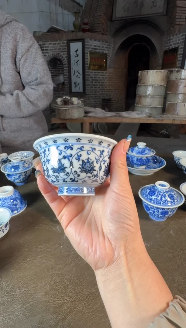 杯子陶瓷三方器合缠枝莲双狮大压手杯