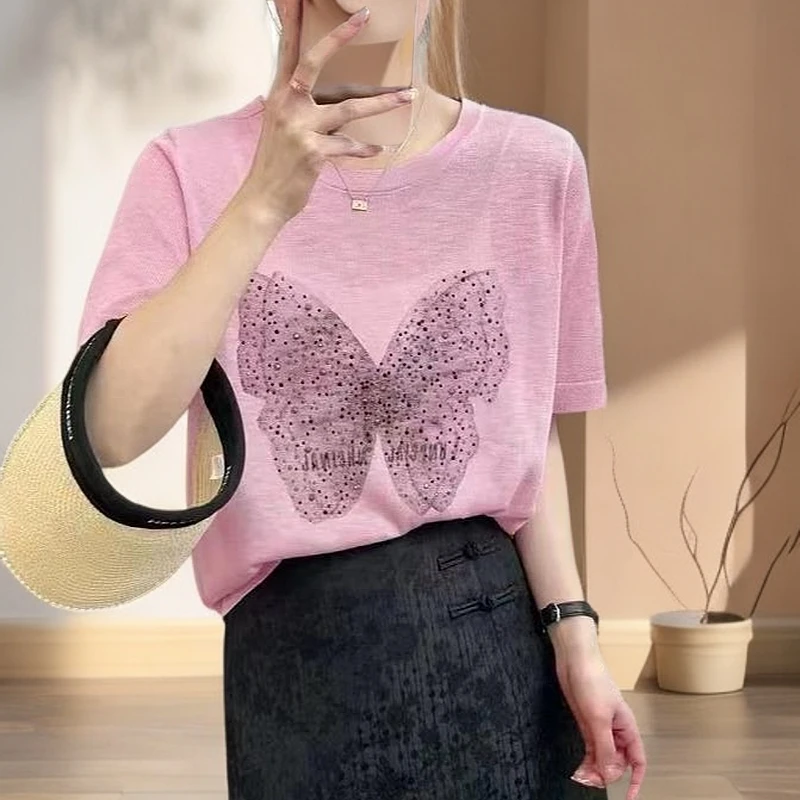 短袖t恤女2025新款夏季宽松百搭蝴蝶烫钻圆领薄款上衣