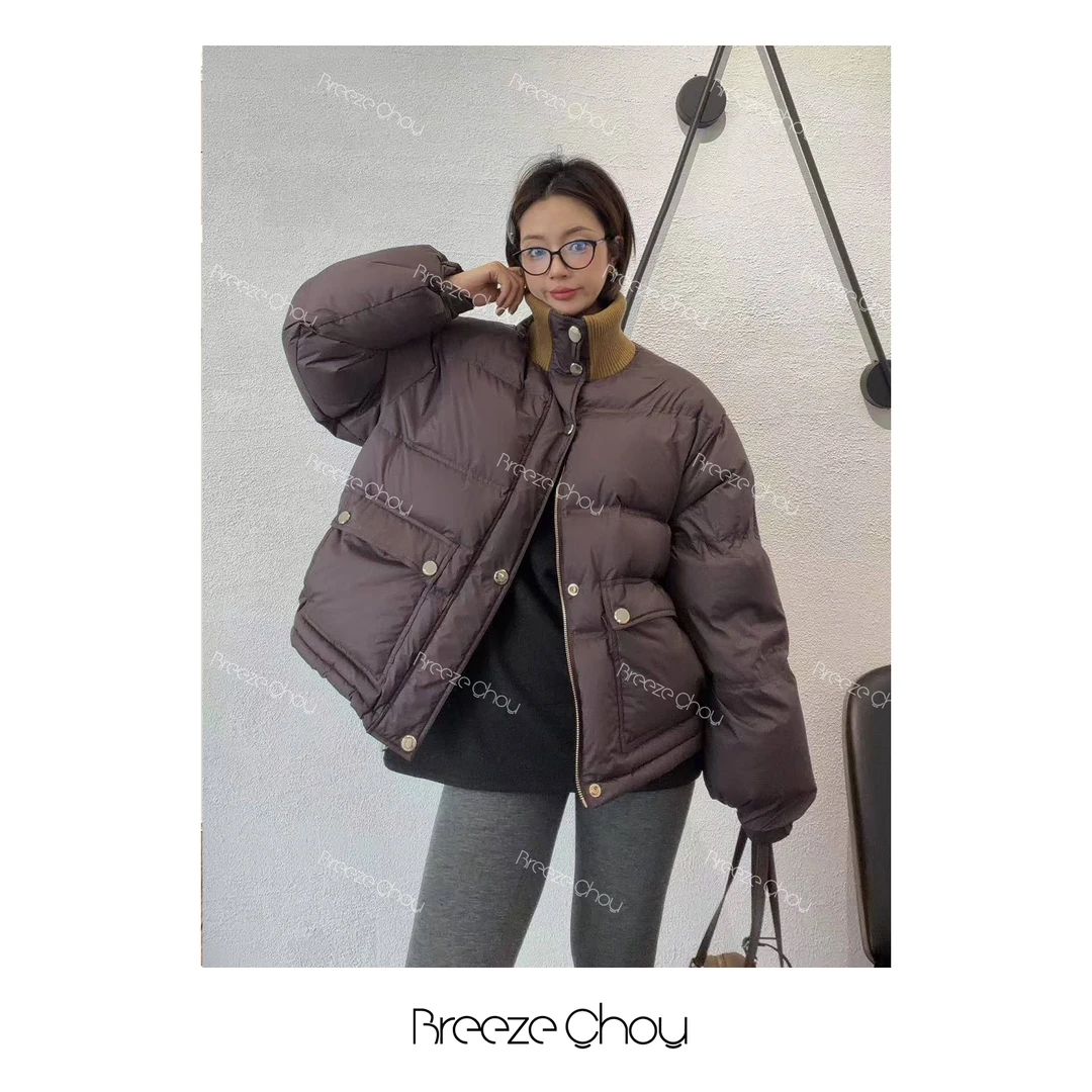 Breeze Chou撞色冬季95白鸭绒立领面包泡芙款羽绒服外套