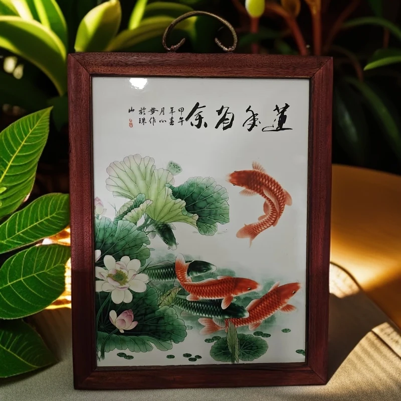 景德镇瓷板画柴窑烧制年年有余实木边框37*29cm百鸟朝凤图