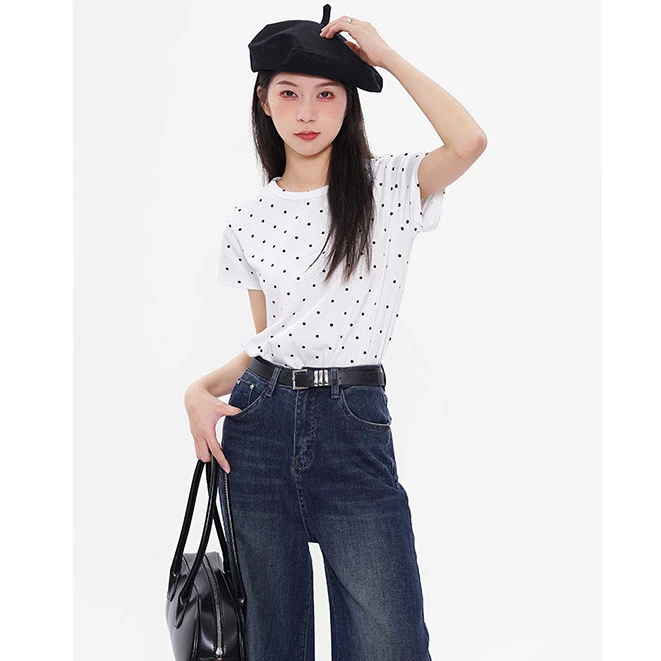 波点水溶短袖T恤气质百搭时尚上衣修身显瘦NRX1309 xx