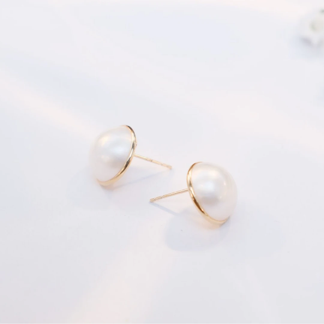海水马贝珍珠13-14mm18k金简包耳钉