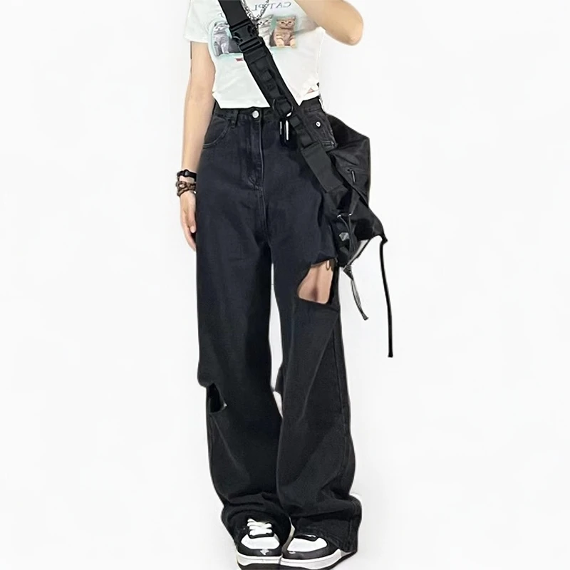 2-300斤胖mm大码女装破铜黑色2025春夏牛仔裤高腰透气宽松直筒裤