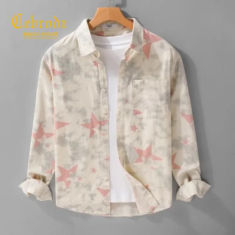 Cebrodz春夏季新款潮流满印长袖衬衫男士潮牌休闲松百搭衬衣外套
