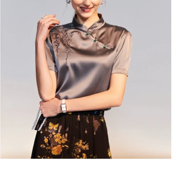 新中式旗袍立领刺绣国风元素弹力缎桑蚕丝t恤女短袖复古春夏7115