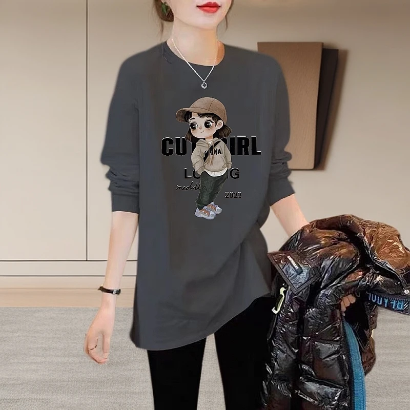 春秋季上衣宽松显瘦圆领纯棉大码T恤女ins纯色百搭圆领长袖体恤衫