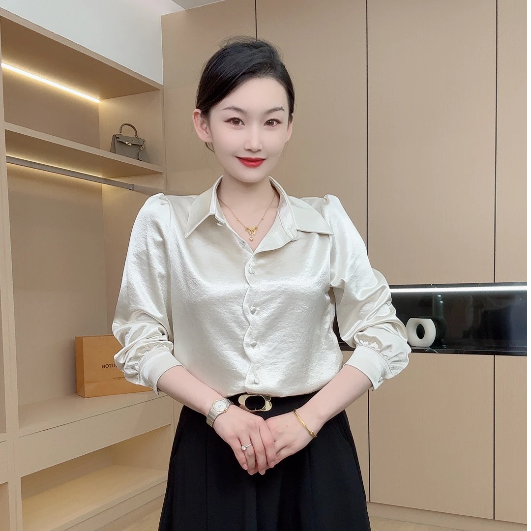 珠光缎面春季新款显瘦女士开衫长袖衬衫小衫洋气时尚百搭