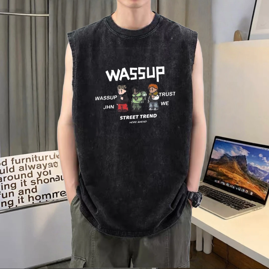 美式复古男款做旧纯棉背心卡通印花夏季潮流宽松无袖舒适百搭上衣