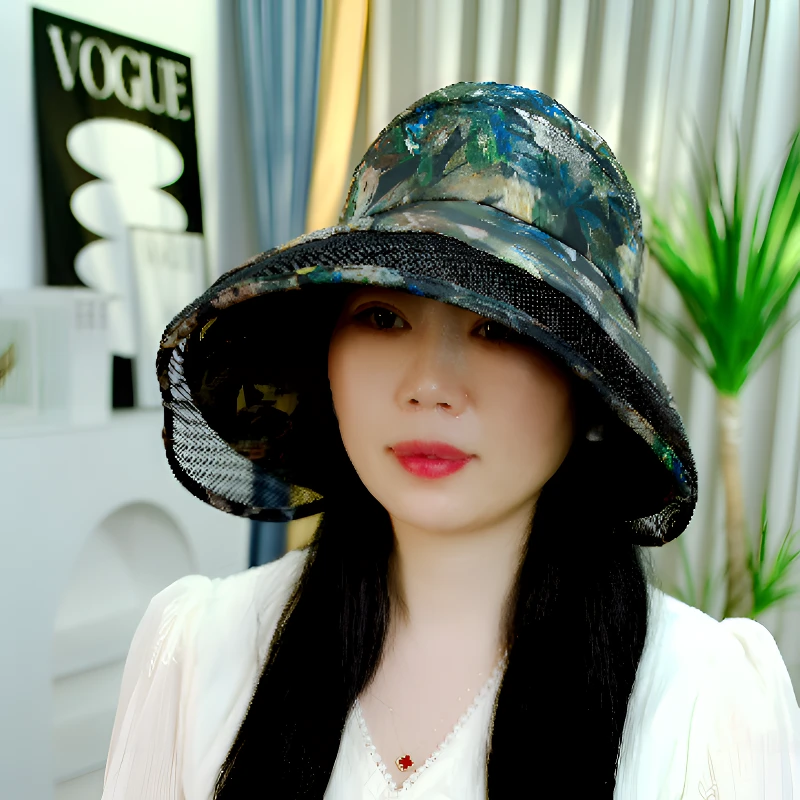 夏季韩单款环绕式欧根纱遮阳帽透气防紫外线大沿防晒帽树叶太阳帽