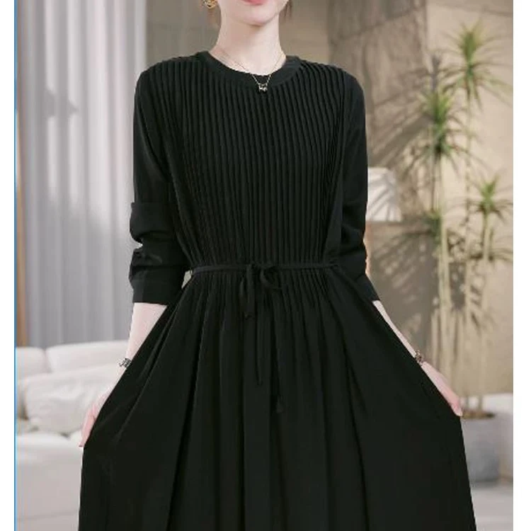 006#女士过膝压褶设计连衣裙韩版收腰气质百搭显瘦