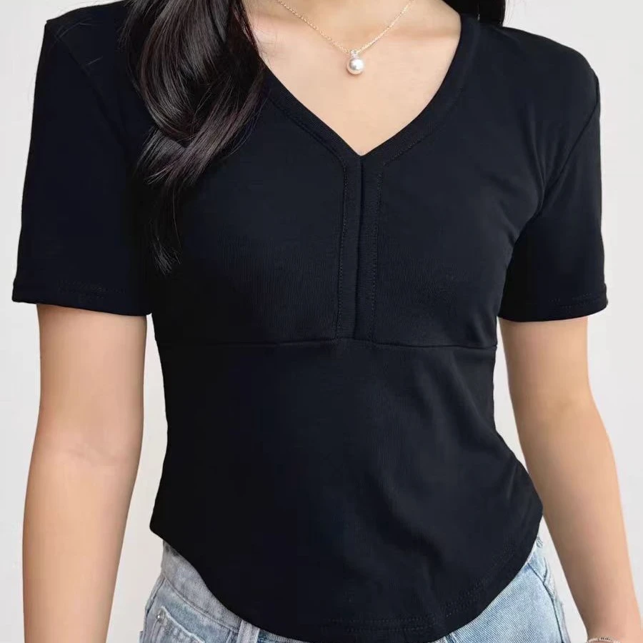 25032【衣长45】v领打底衫女正肩修身内搭短袖T恤2025年新款夏时尚