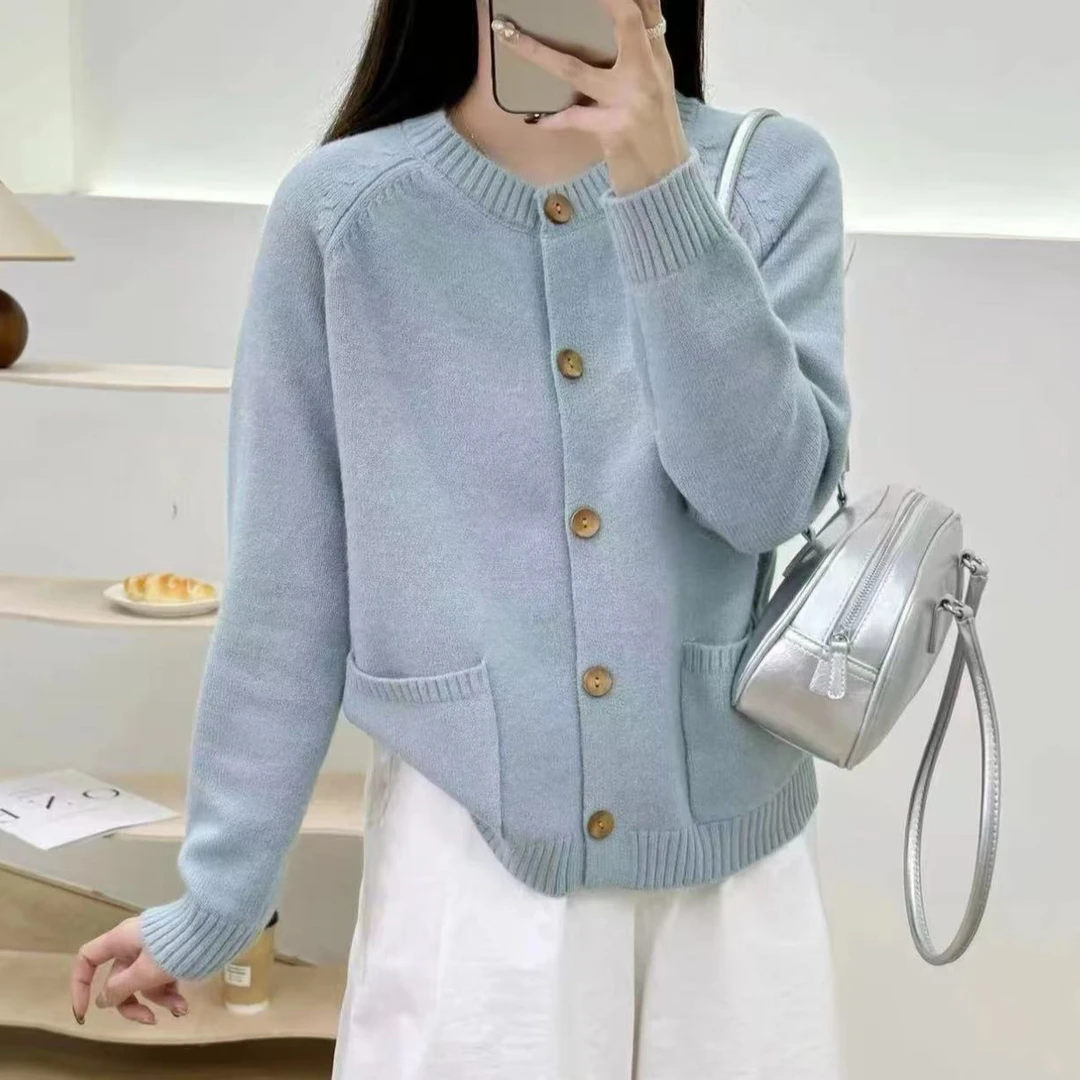 针织衫女开衫春装新款时尚洋气宽松毛衣口袋外套休闲上衣1041