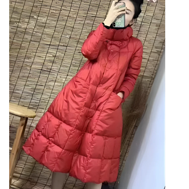 中长款原创立领宽松纯色时尚女装百搭长款开衫羽绒服外套冬季盘扣