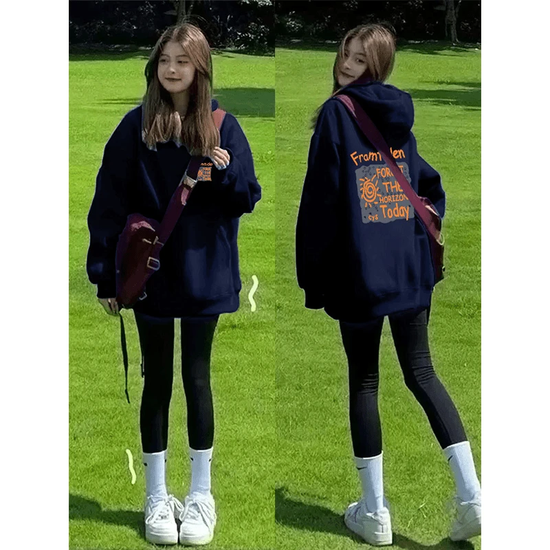 秋冬加绒加厚连帽卫衣女设计感2025年新款宽松藏蓝色带帽外套卫衣