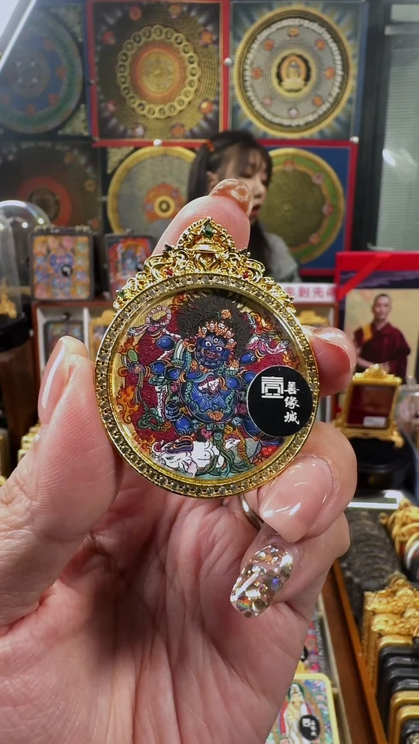 吊坠壹善缘城手绘唐卡六臂大黑天圆形双面