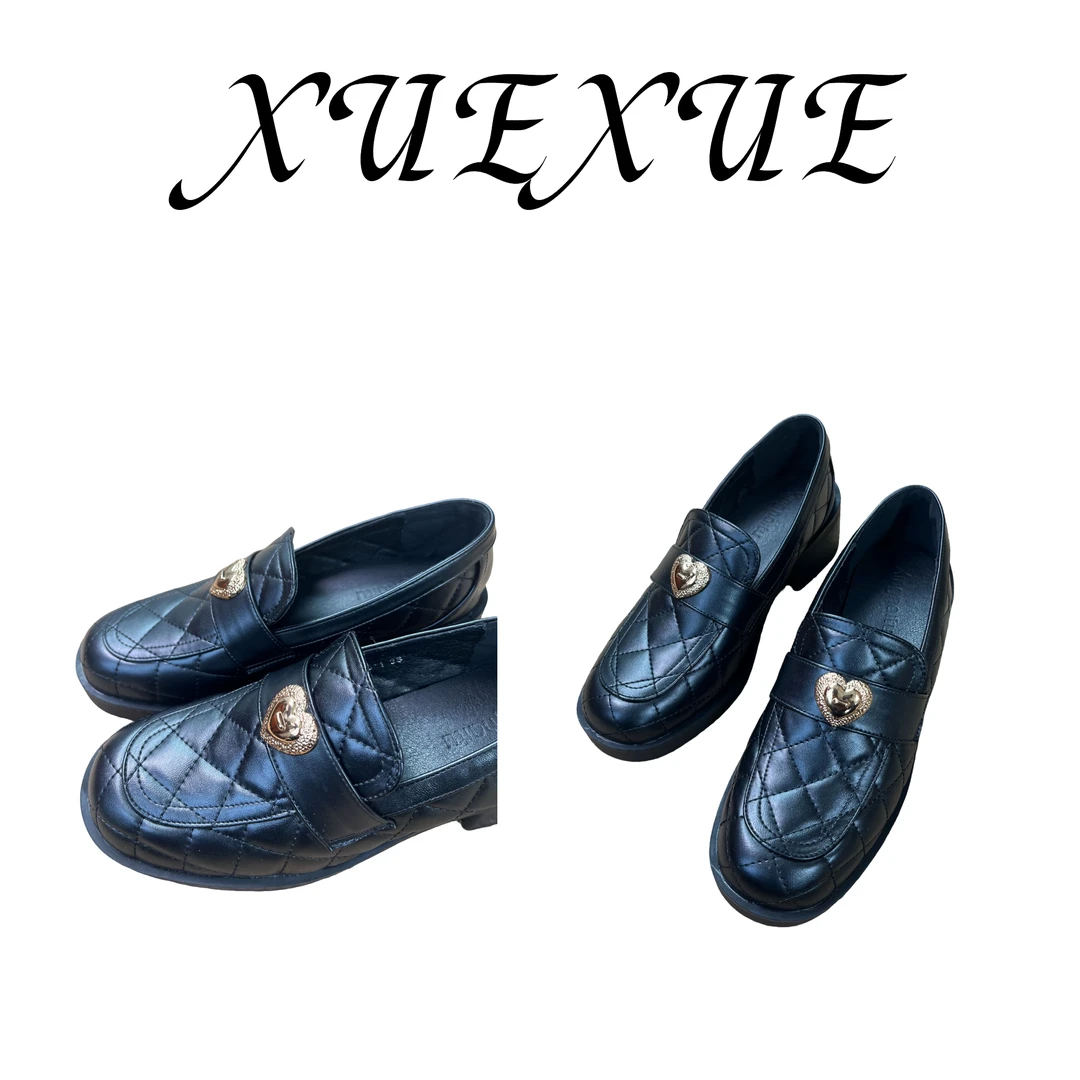 【XUEXUE】小香风懒人厚底爱心英伦风乐福鞋女鞋粗跟黑色单鞋小皮鞋