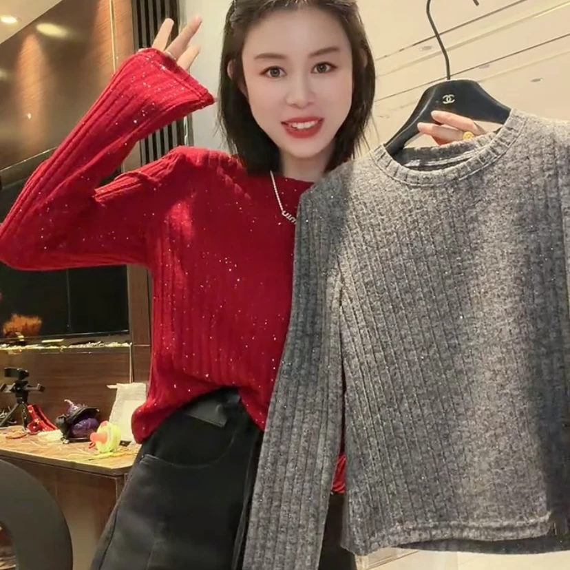 韩版亮片拼接圆领针织衫设计感纯色套头毛衣独特小众穿搭上衣