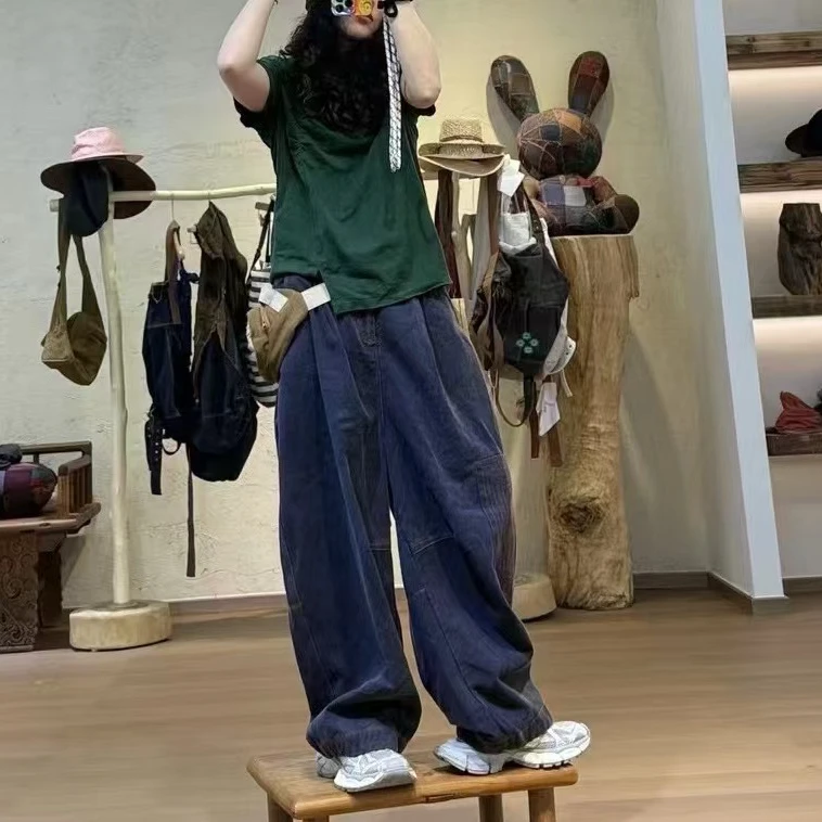 忆古朴拙色织补丁压线休闲裤2510102复古设计感蓝色时尚