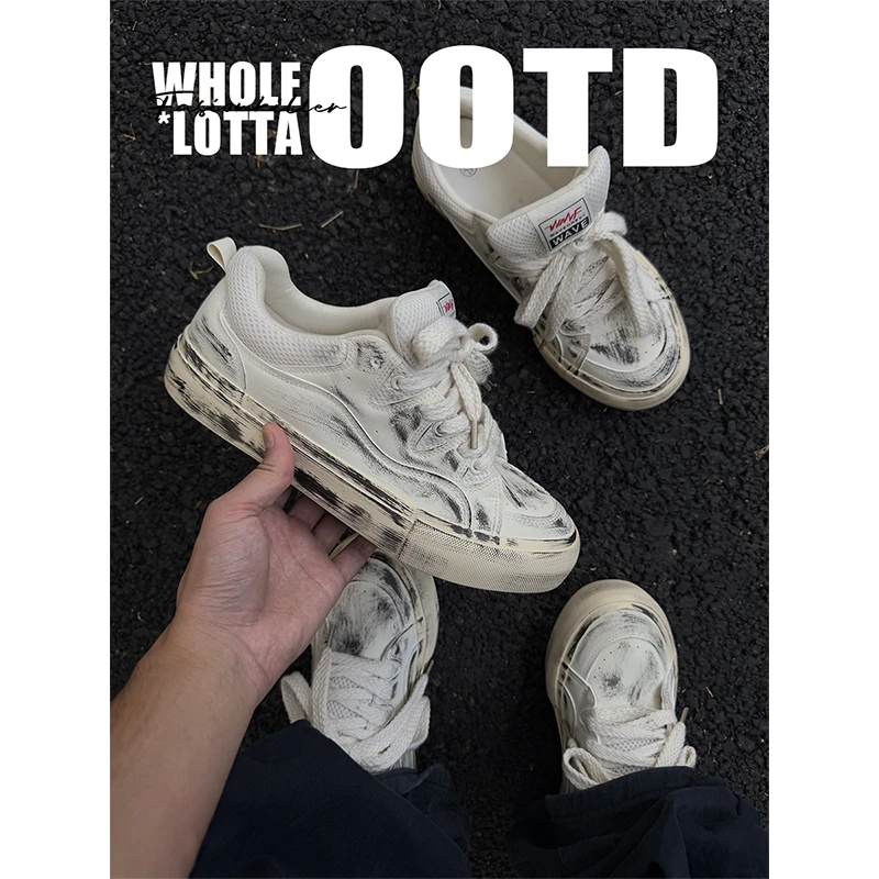 NewRockStarChoppa秋季新款做旧脏脏鞋 休闲百搭帆布鞋厚底板鞋男