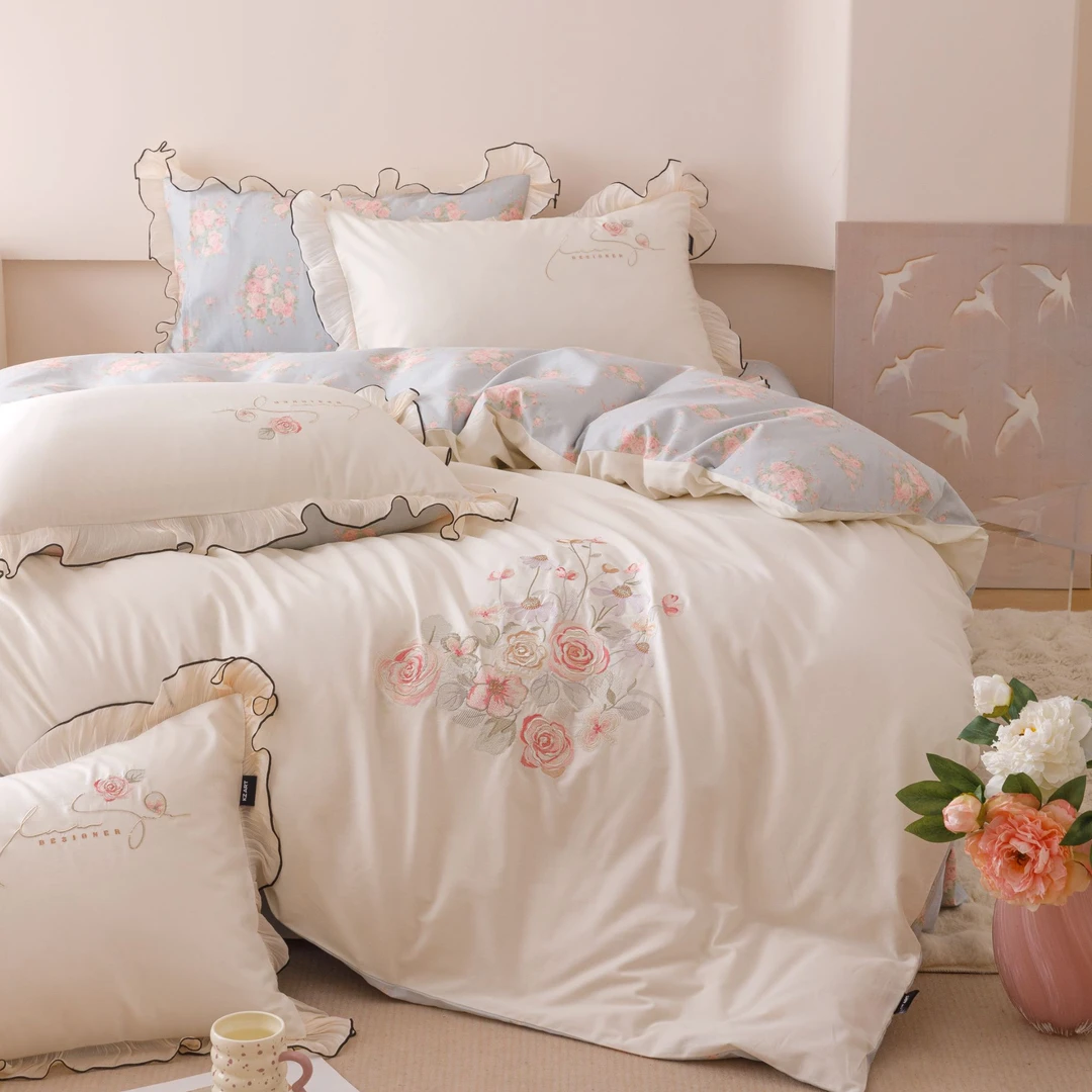 2025春夏ins风小清新刺绣四件套—茉夏花朵轻奢印花绣花公主风