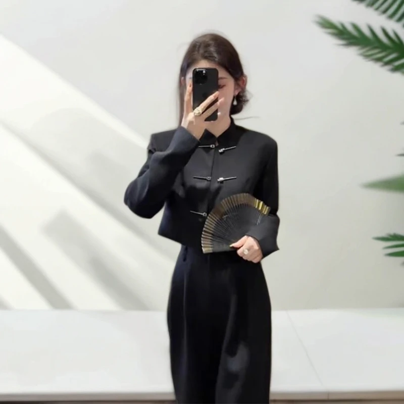 2025初秋搭配一整套新中式国风高级短款黑色外套老钱风禅意套装裤