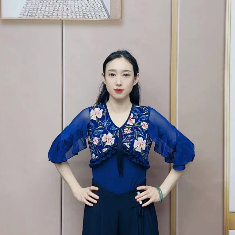 网纱袖欢舞阁摩登A0715双人舞交际舞广场舞V领网纱七分袖边上衣