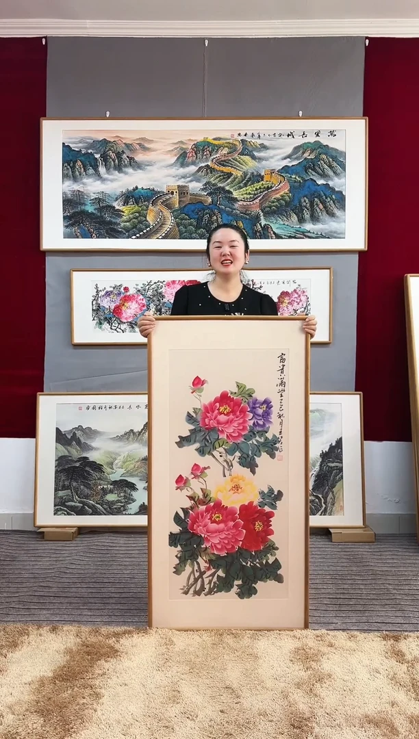 国画手绘牡丹122*62尺寸