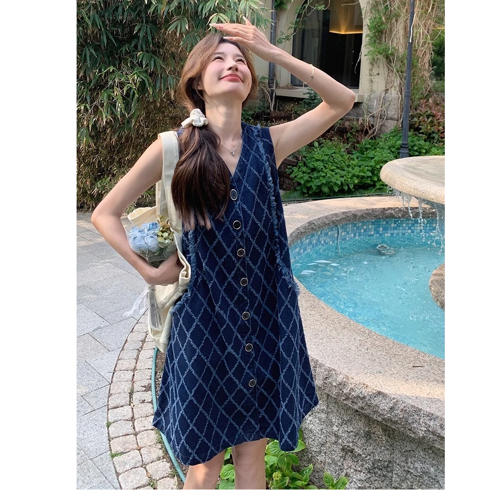 蓝色格子无袖牛仔背心裙女2025夏新款小个子显瘦背带连衣裙短裙子