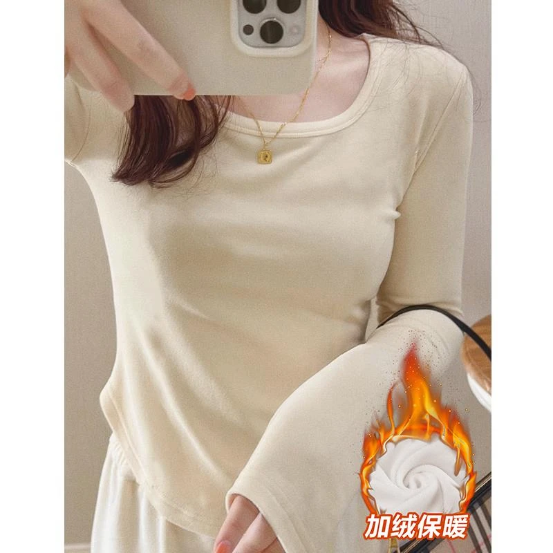 奶白色方领加绒打底衫女秋冬软糯德绒内搭女长袖显瘦保暖加厚上衣