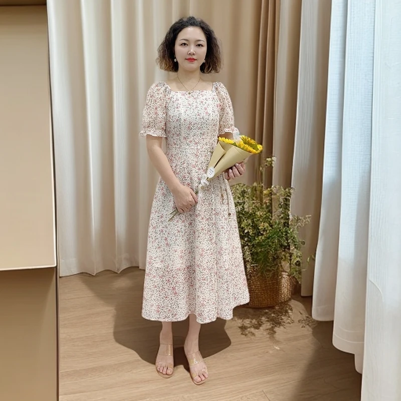 【阿祖家】方领碎花法式印花蕾丝连衣裙夏季裙子温柔显瘦甜美泡泡袖