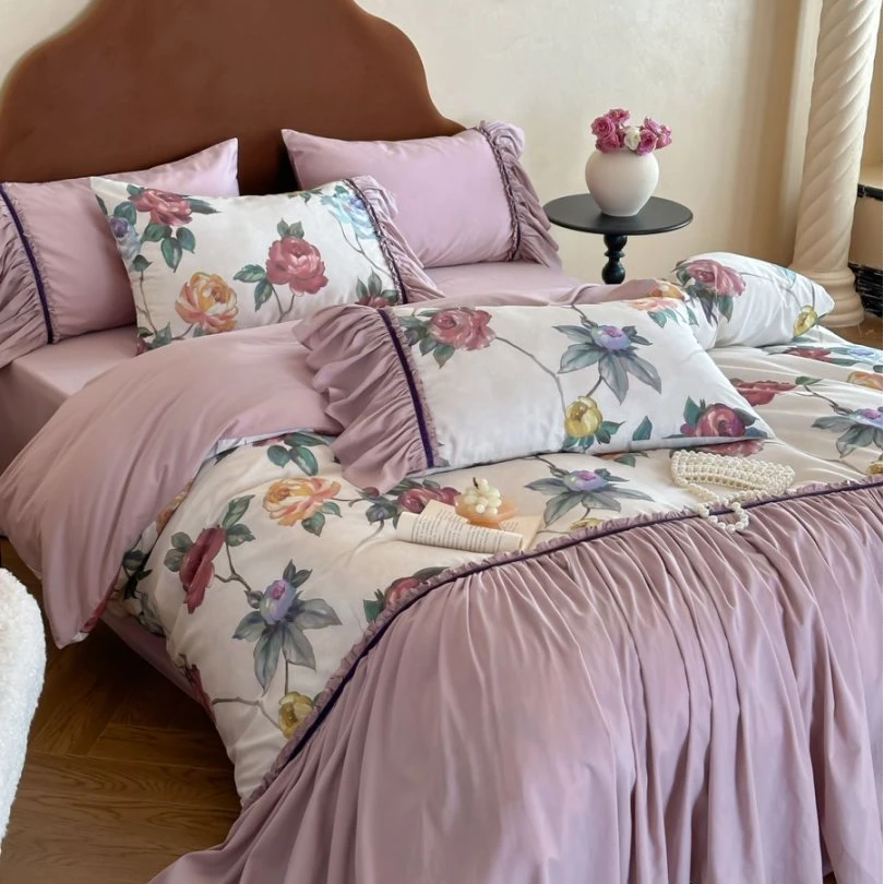 小冲冲【紫霞仙子】法式复古印花全棉大裙摆花边床单款四件套