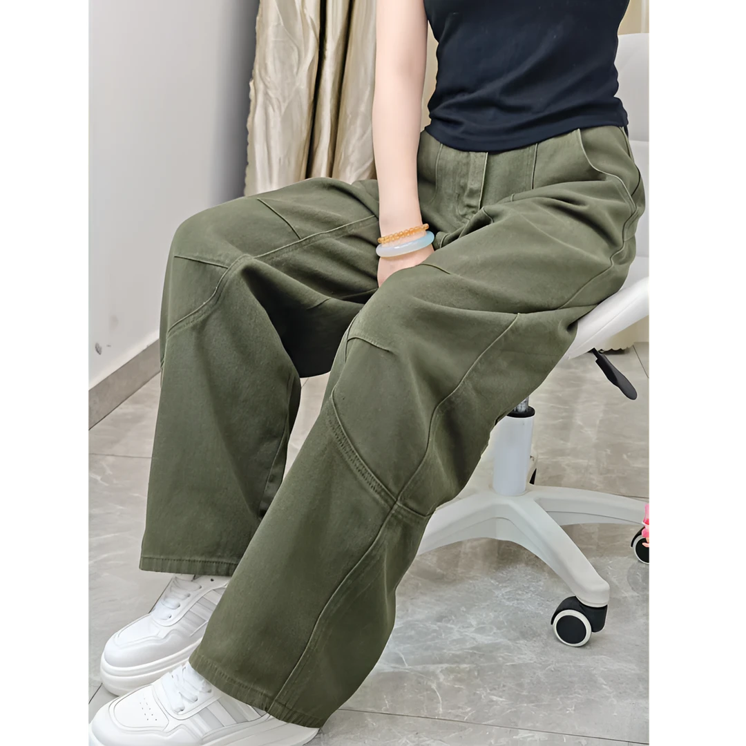 小个子裤子美式复古军绿色工装裤牛仔裤女宽松阔腿裤145-150爆款