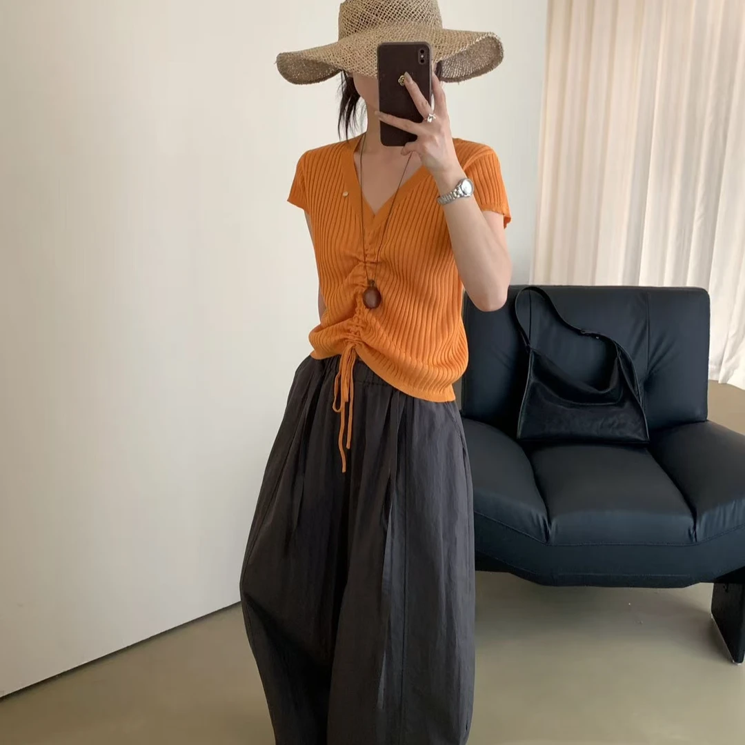 【香姐推荐】【8319】【十七中】夏季时尚新款中间抽绳设计款上衣长53
