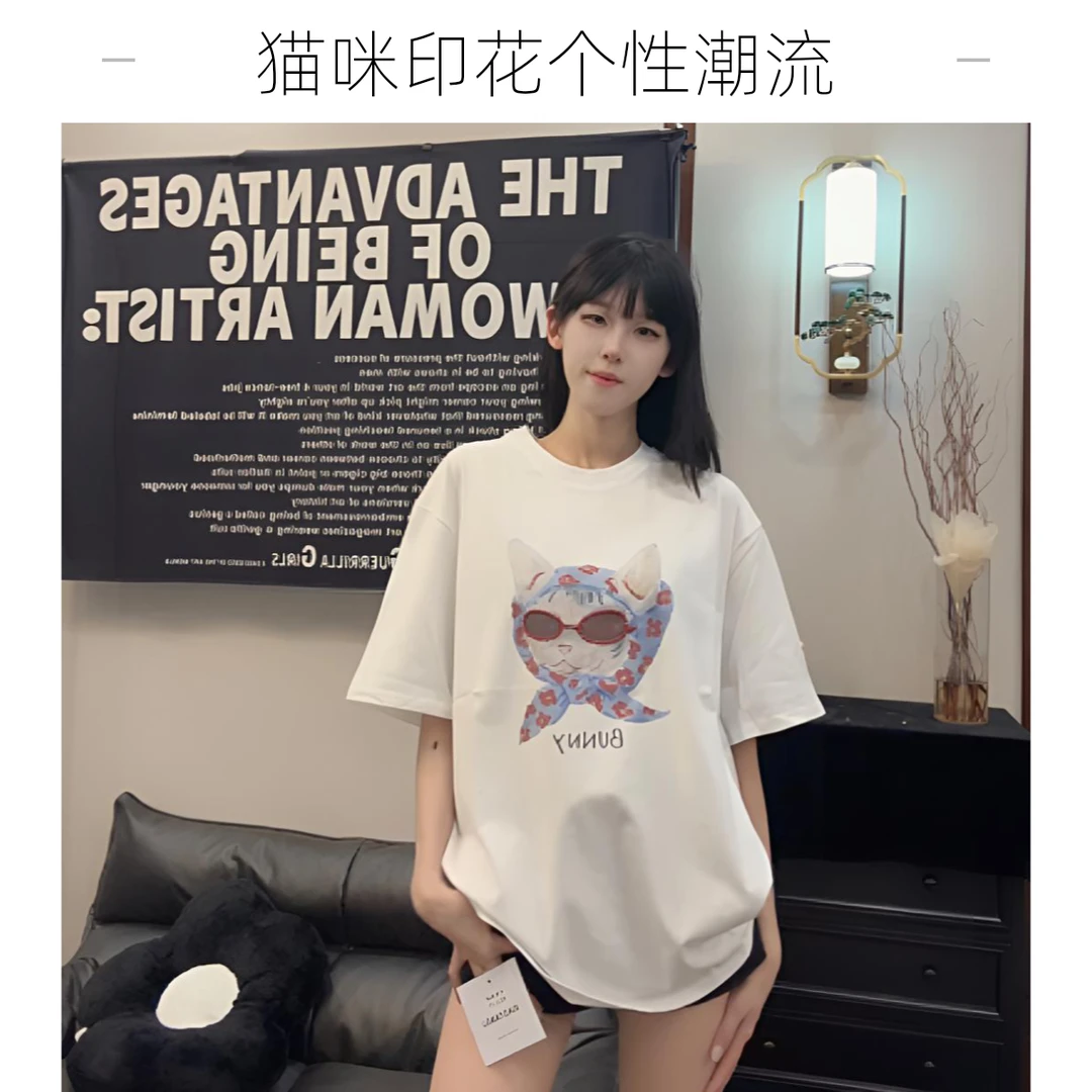 韩版t恤五彩3D立体印花短袖T恤夏季猫咪百搭小众半袖短袖印花