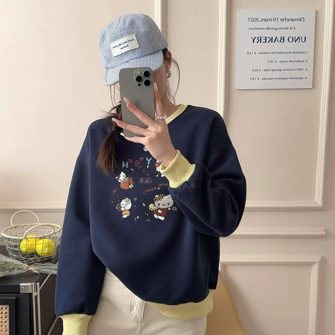 春款【撞色重工刺绣KT大猫】宽松圆领卡通卫衣