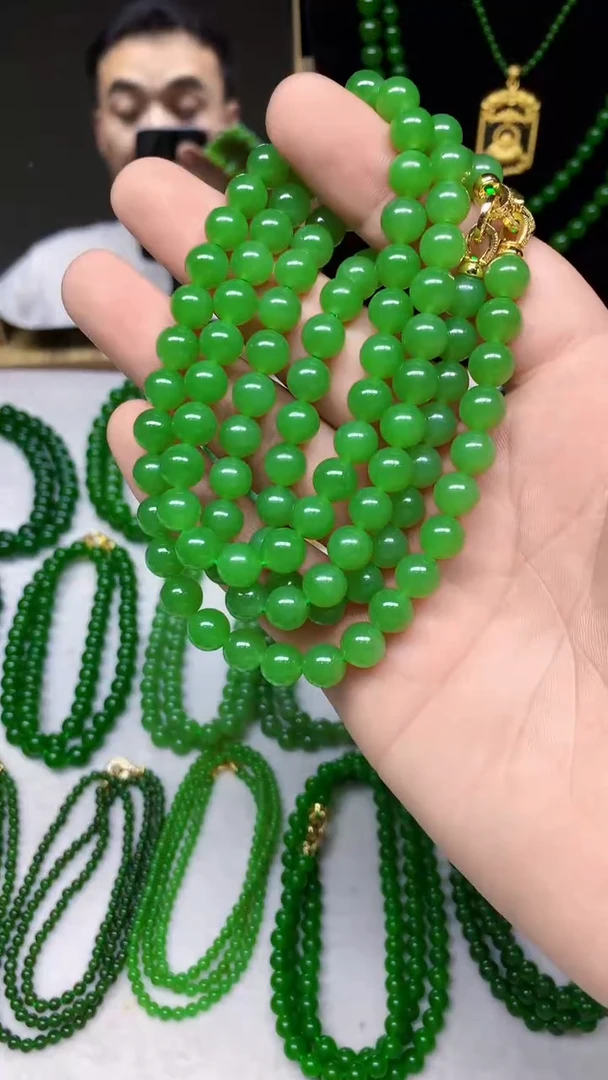 和田玉（碧玉）未镶嵌项链卡8无黑108颗苹果绿