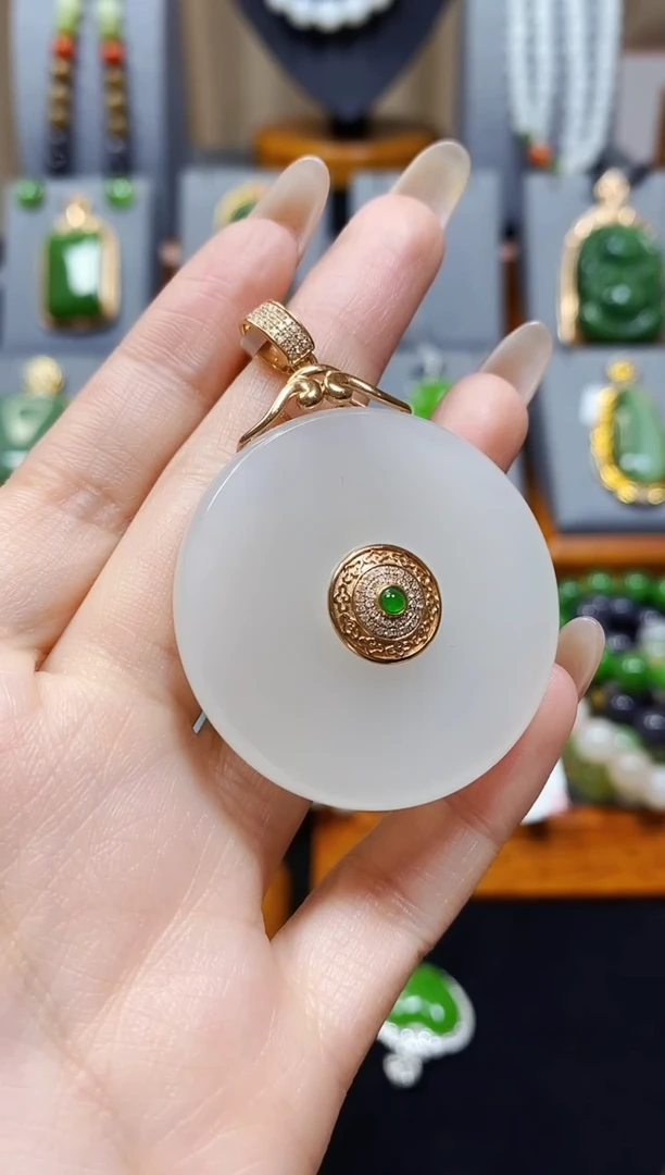 【闪购商品】和田玉羊脂平安扣吊坠18K金镶嵌*玫瑰金色