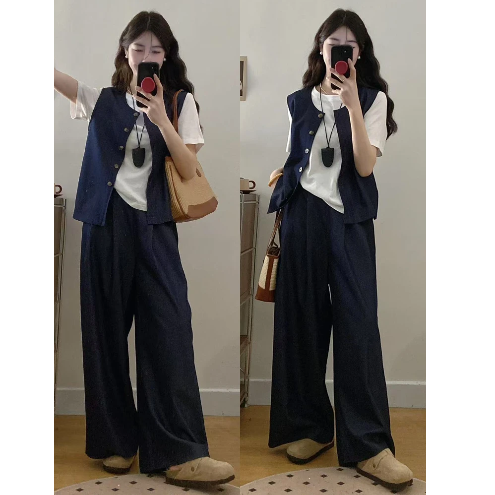 大码女装夏新款时尚休闲套装简约马甲开衫配阔腿长裤白T恤三件套