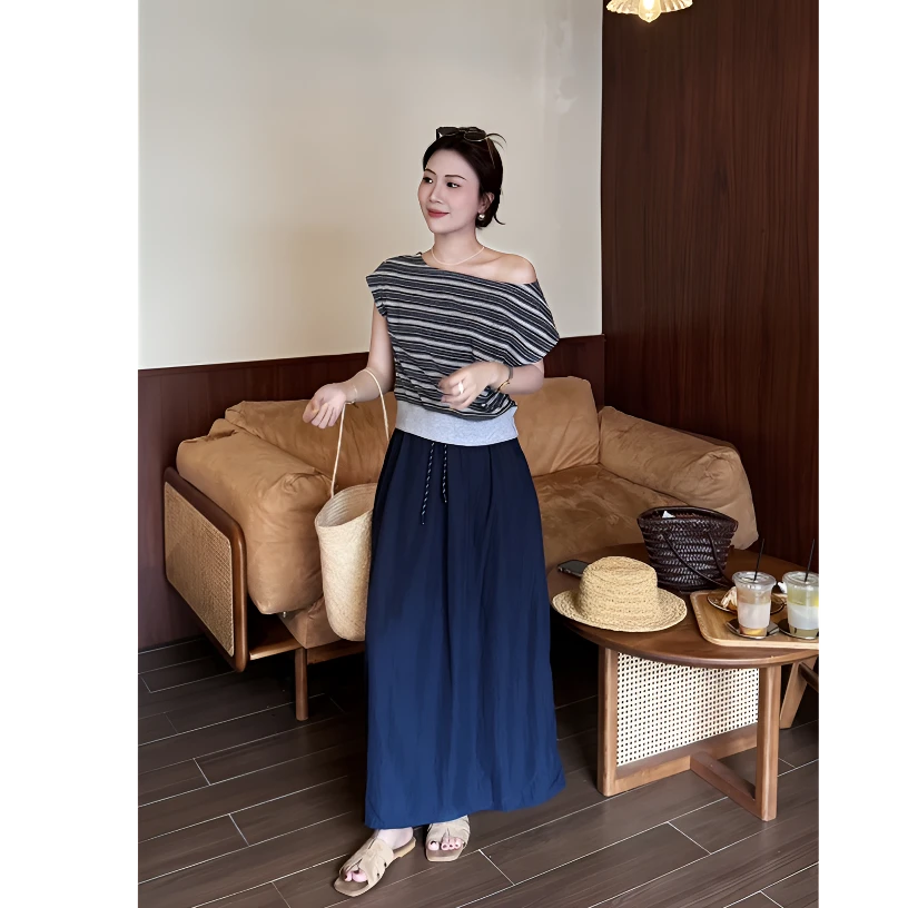 Sunshine【南法假日】时尚休闲斜肩条纹露肩短袖T恤+抽绳半裙套装