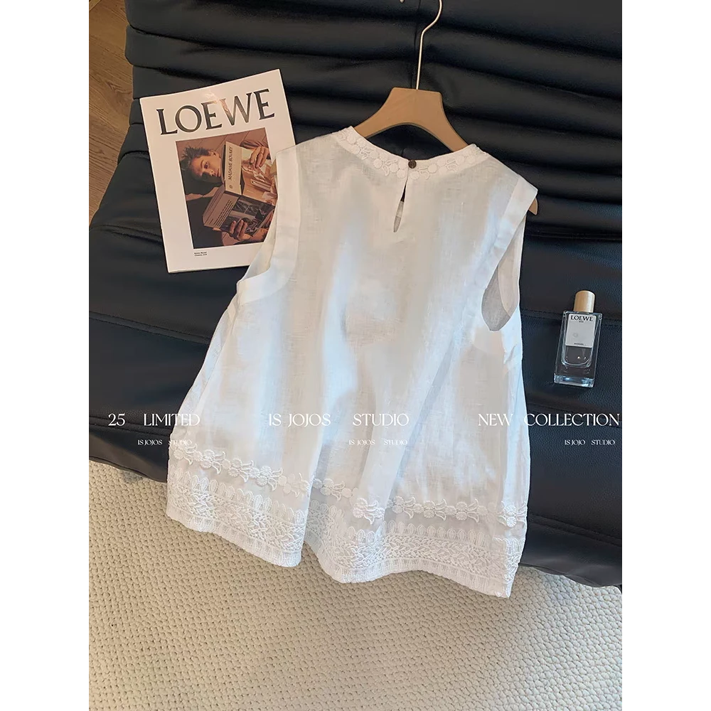 白色圆领蕾丝花边亚麻吊带背心女夏2025新款简约气质百搭宽松上衣