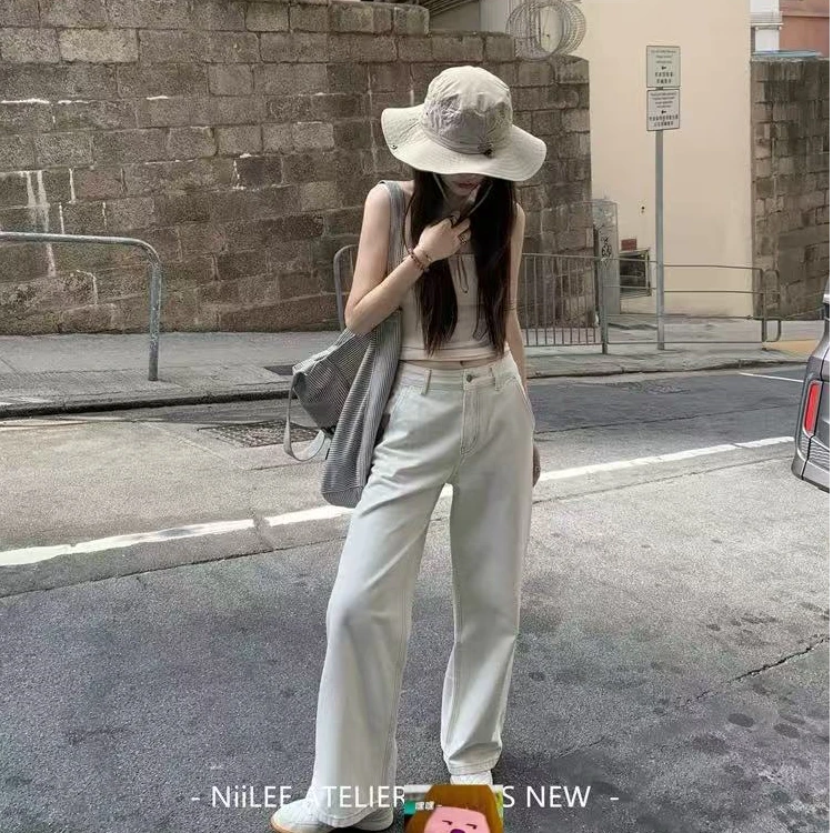 399毫不费力的时髦感~浅白蓝高腰牛仔拖地裤