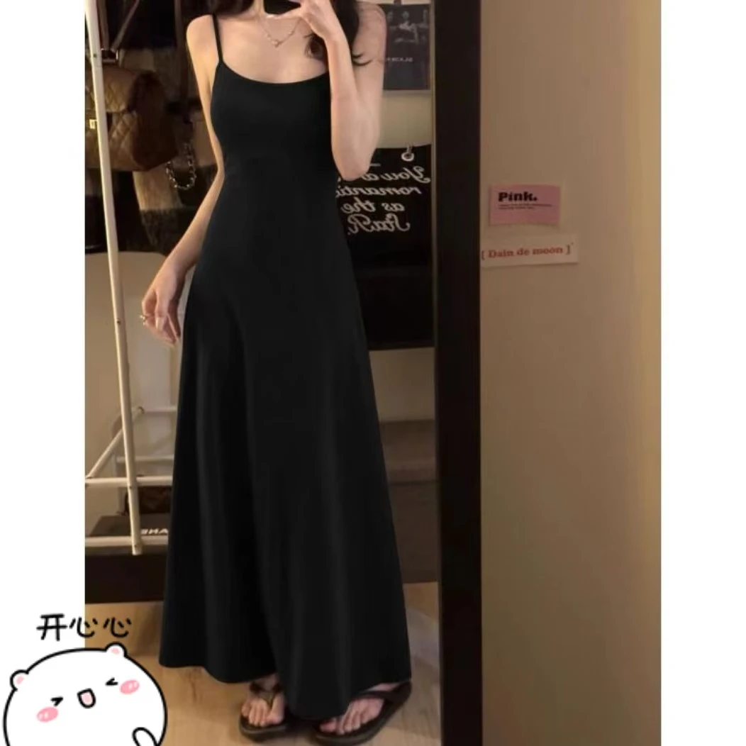 1724 显瘦纯欲纯色吊带连衣裙A字裙背心裙夏季新大裙摆收腰长裙女