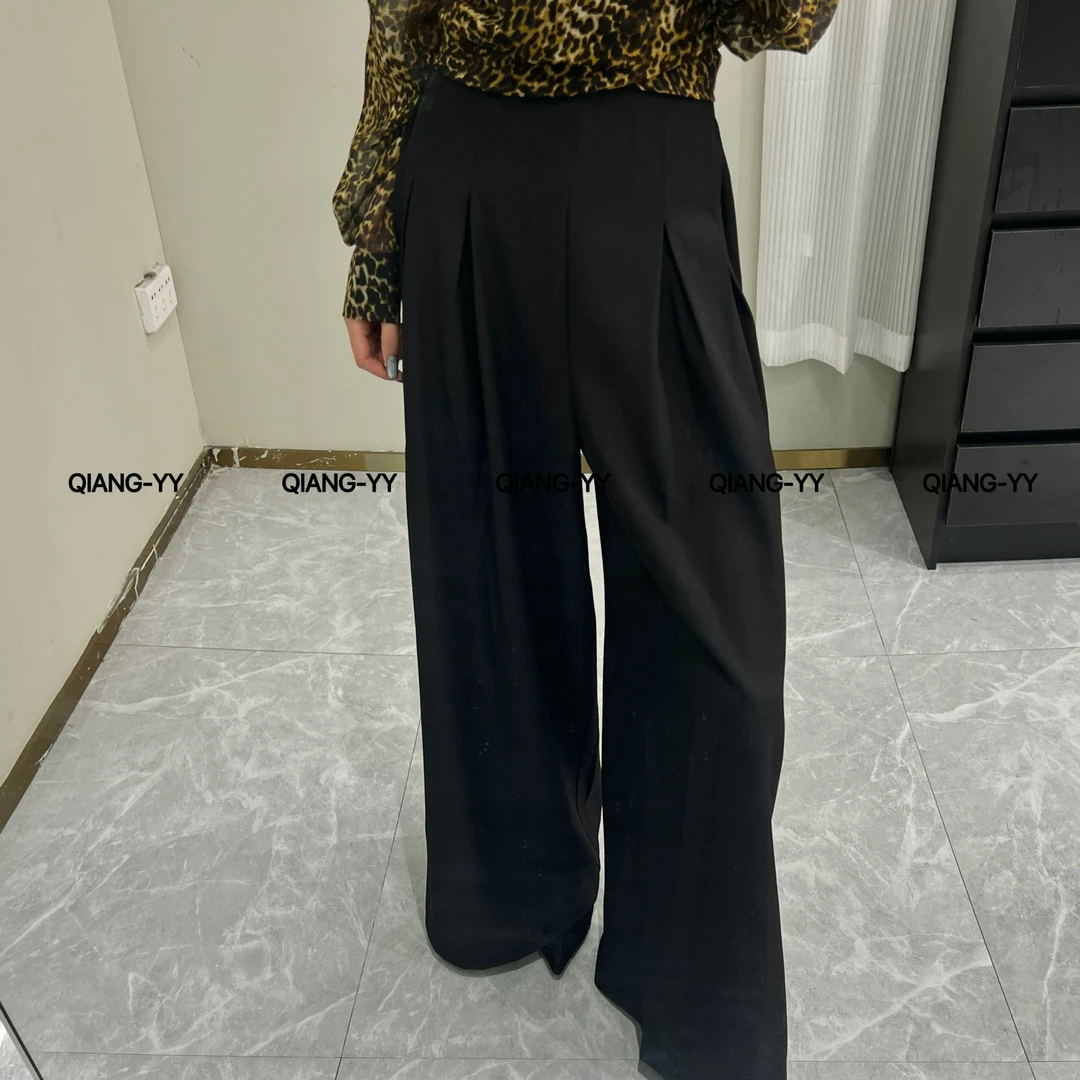 QIANG-YY阔腿裤工装风高腰休闲裤显瘦百搭蕾丝黑色复古设计师205