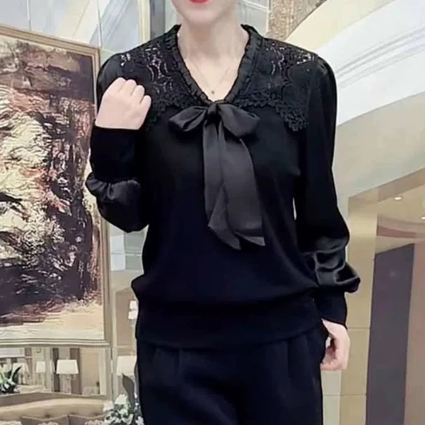 系带蕾丝拼接小衫显瘦气质洋气时尚百搭减龄宽松韩版【嘉福5081】