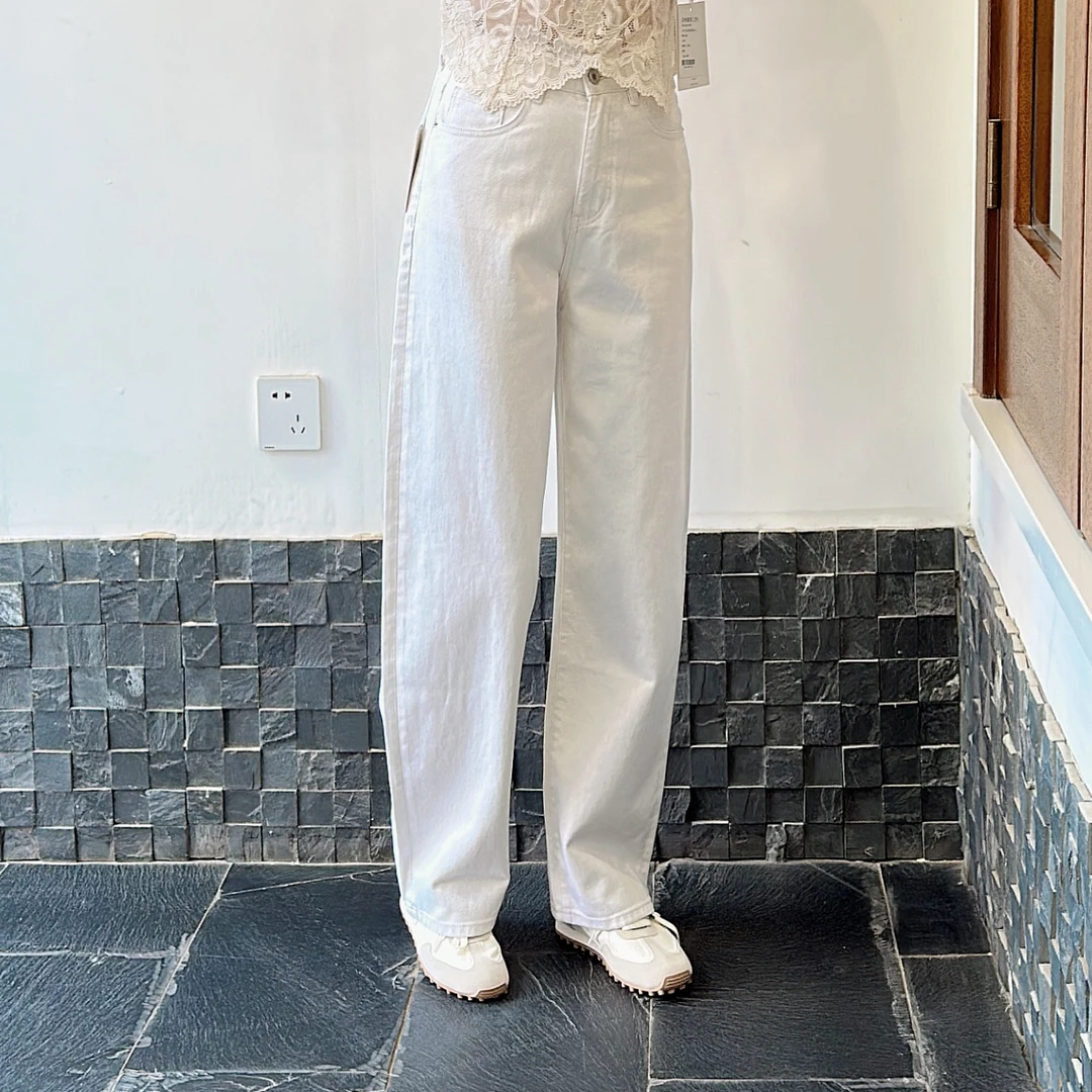 米白弯刀牛仔裤高品质显瘦休闲百搭