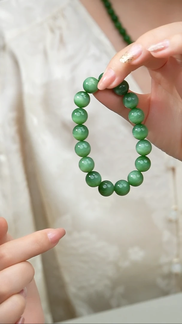 颈饰未镶嵌和田玉022-碧玉猫眼手串-12mm,17颗-N1969-1118